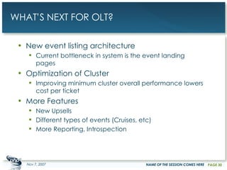 WHAT’S NEXT FOR OLT? New event listing architecture Current bottleneck in system is the event landing pages Optimization of Cluster Improving minimum cluster overall performance lowers cost per ticket More Features New Upsells Different types of events (Cruises, etc) More Reporting, Introspection May 28, 2009 NAME OF THE SESSION COMES HERE PAGE  