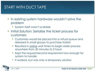 START WITH DUCT TAPE In existing system hardware wouldn't solve the problem System itself wasn't scalable Initial Solution: Serialize the ticket process for customers Customers would be placed into a virtual queue and released in small groups to purchase tickets Resulted in  online  wait times to begin order process anywhere from 30 minutes to 2 hours Kept the request/second requirement low enough for system to handle It worked, but was only a temporary solution May 28, 2009 NAME OF THE SESSION COMES HERE PAGE  