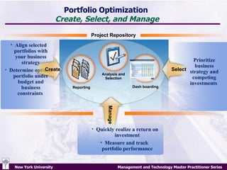 Portfolio Optimization  Create, Select, and Manage Project Repository Analysis and Selection Reporting Dash boarding Align selected portfolios with your business strategy Determine optimal  portfolio under  budget and business constraints  Prioritize business strategy and competing investments  Manage  Quickly realize a return on investment Measure and track  portfolio performance Create Select 