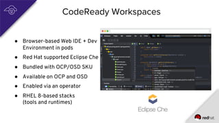 CodeReady Workspaces
● Browser-based Web IDE + Dev
Environment in pods
● Red Hat supported Eclipse Che
● Bundled with OCP/OSD SKU
● Available on OCP and OSD
● Enabled via an operator
● RHEL 8-based stacks
(tools and runtimes)
 