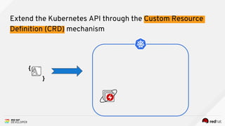 Extend the Kubernetes API through the Custom Resource
Definition (CRD) mechanism
{
}
 