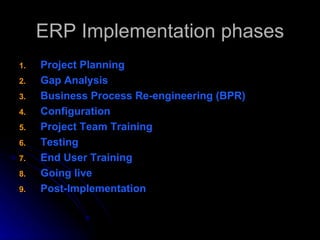 ERP Implementation phases
1.   Project Planning
2.   Gap Analysis
3.   Business Process Re-engineering (BPR)
4.   Configuration
5.   Project Team Training
6.   Testing
7.   End User Training
8.   Going live
9.   Post-Implementation
 
