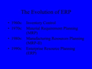 The Evolution of ERP 1960s:  Inventory Control 1970s:  Material Requirement Planning  (MRP) 1980s:  Manufacturing Resources Planning  (MRP-II) 1990s: Enterprise Resource Planning  (ERP) 