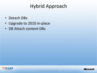 Hybrid Approach

• Detach DBs
• Upgrade to 2010 in-place
• DB Attach content DBs
 
