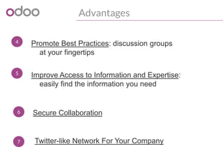 Advantages
4 Promote Best Practices: discussion groups
at your fingertips
5 Improve Access to Information and Expertise:
easily find the information you need
6 Secure Collaboration
7 Twitter-like Network For Your Company
 