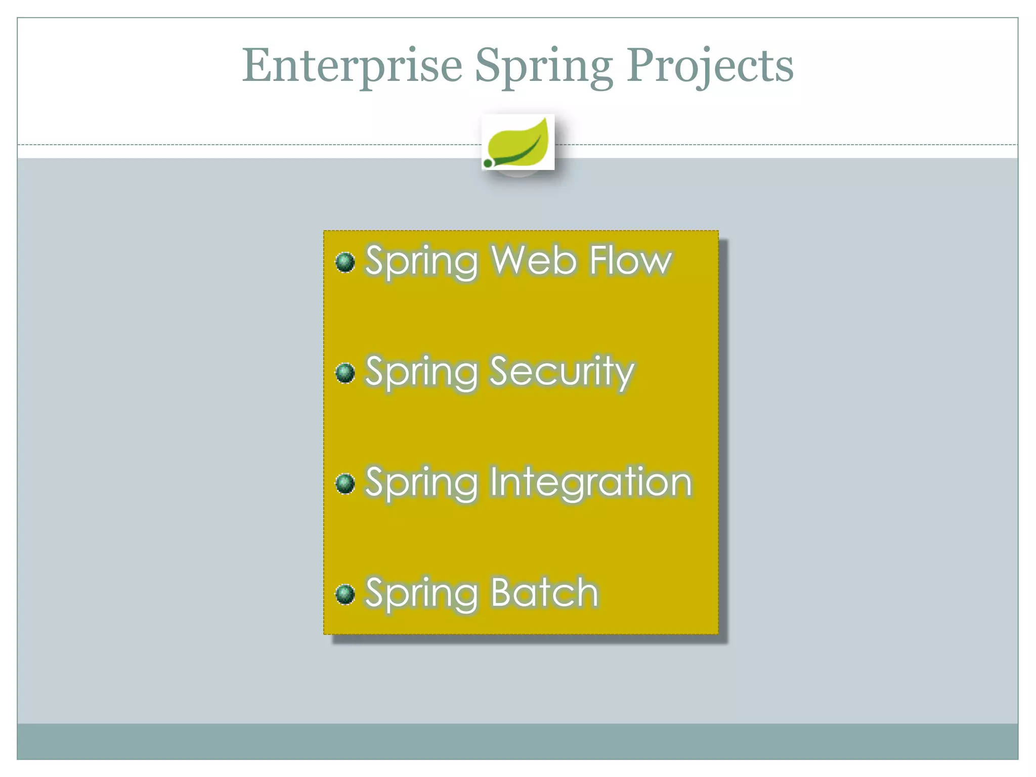 Enterprise Spring Projects



     Spring Web Flow

     Spring Security

     Spring Integration

     Spring Batch
 
