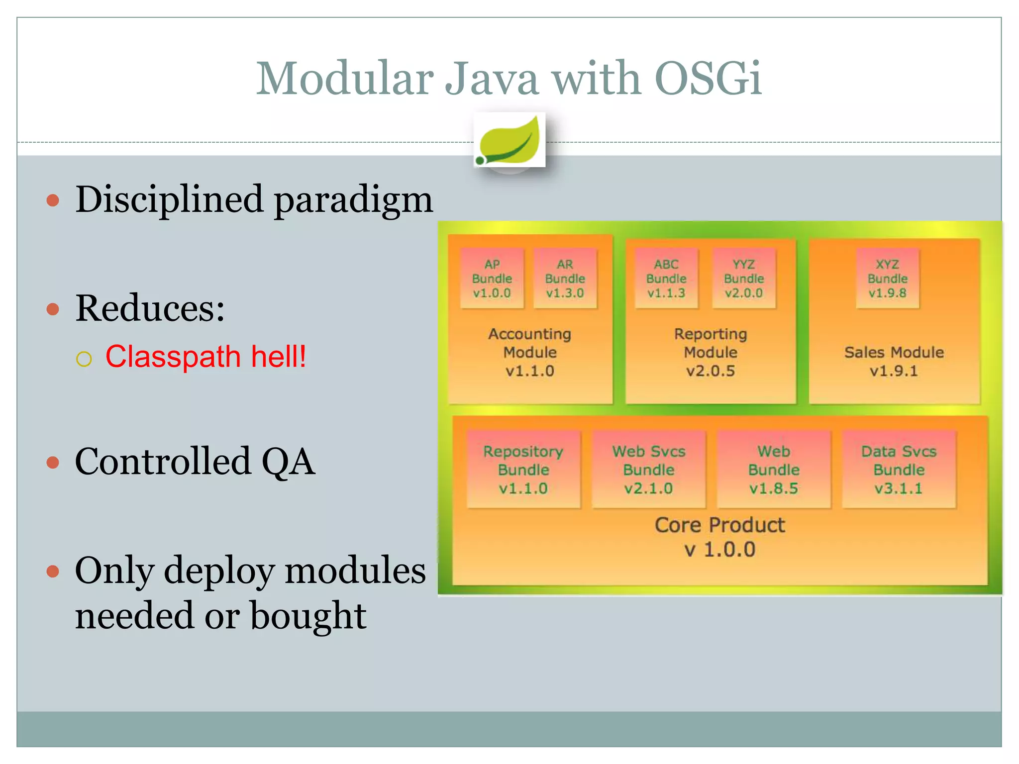 Modular Java with OSGi

 Disciplined paradigm


 Reduces:
   Classpath hell!



 Controlled QA


 Only deploy modules
  needed or bought
 