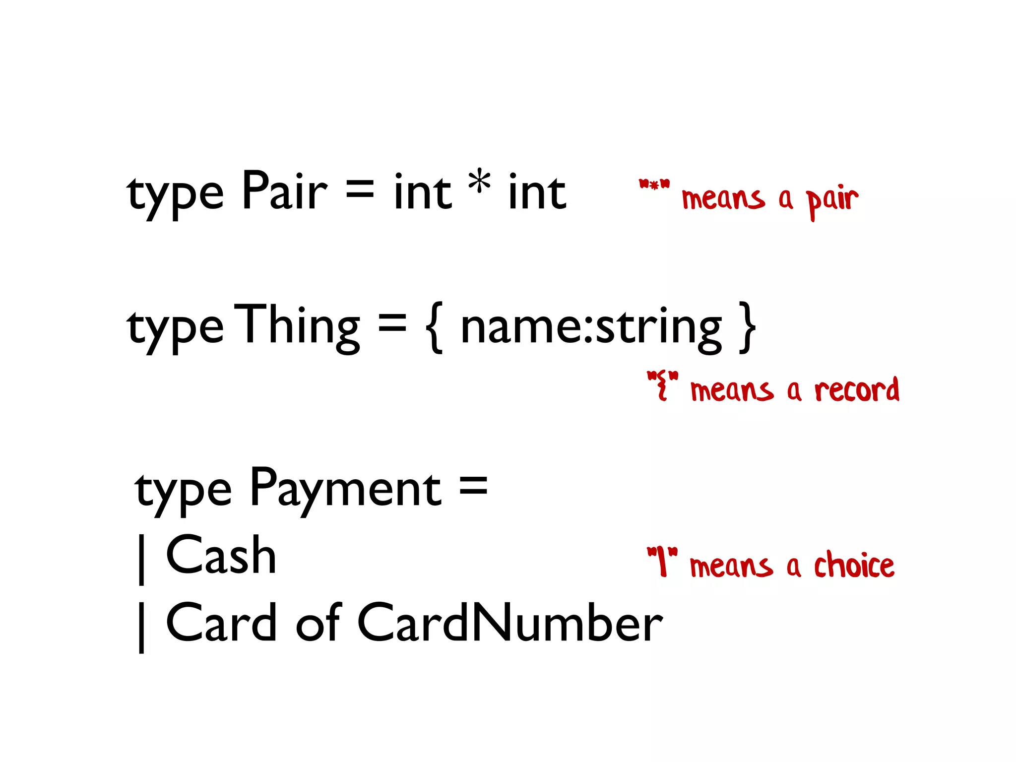 type Pair = int * int "*" means a pair
type Payment =
| Cash
| Card of CardNumber
"|" means a choice
typeThing = { name:string }
"{" means a record
 