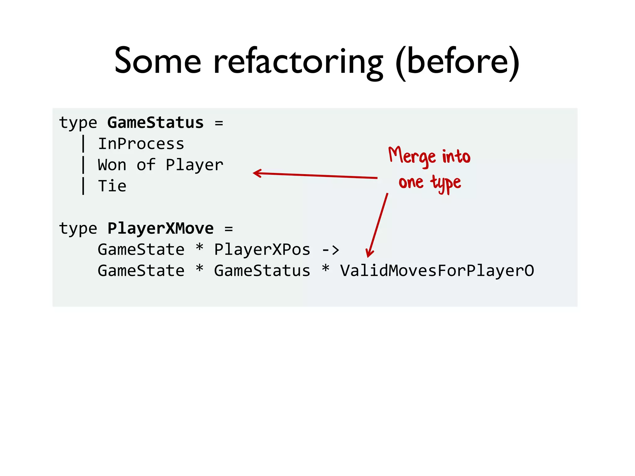 Some refactoring (before)
type GameStatus =
| InProcess
| Won of Player
| Tie
type PlayerXMove =
GameState * PlayerXPos ->
GameState * GameStatus * ValidMovesForPlayerO
Merge into
one type
 