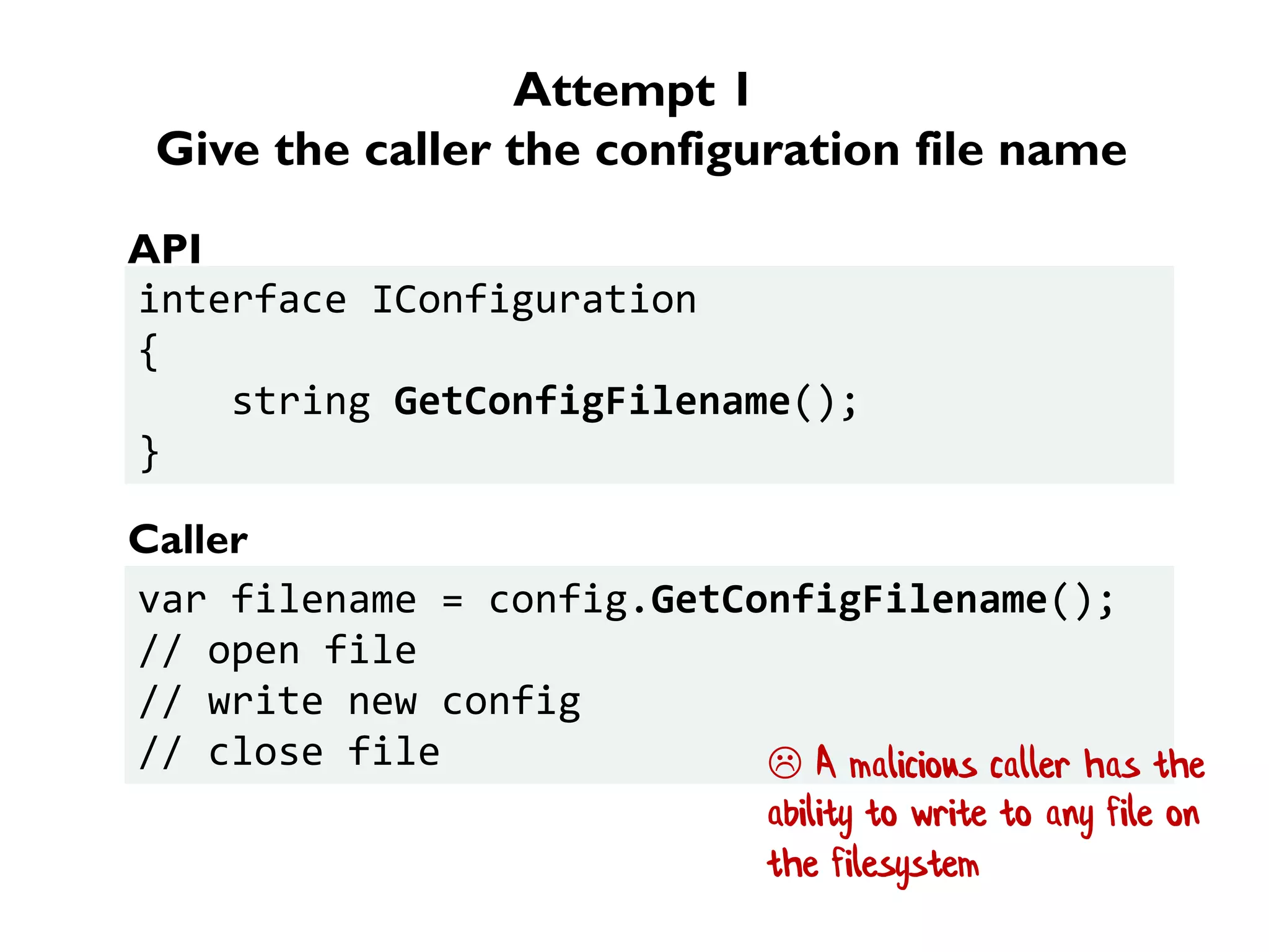 Attempt 1
Give the caller the configuration file name
interface IConfiguration
{
string GetConfigFilename();
}
var filename = config.GetConfigFilename();
// open file
// write new config
// close file
API
Caller
 A malicious caller has the
ability to write to any file on
the filesystem
 