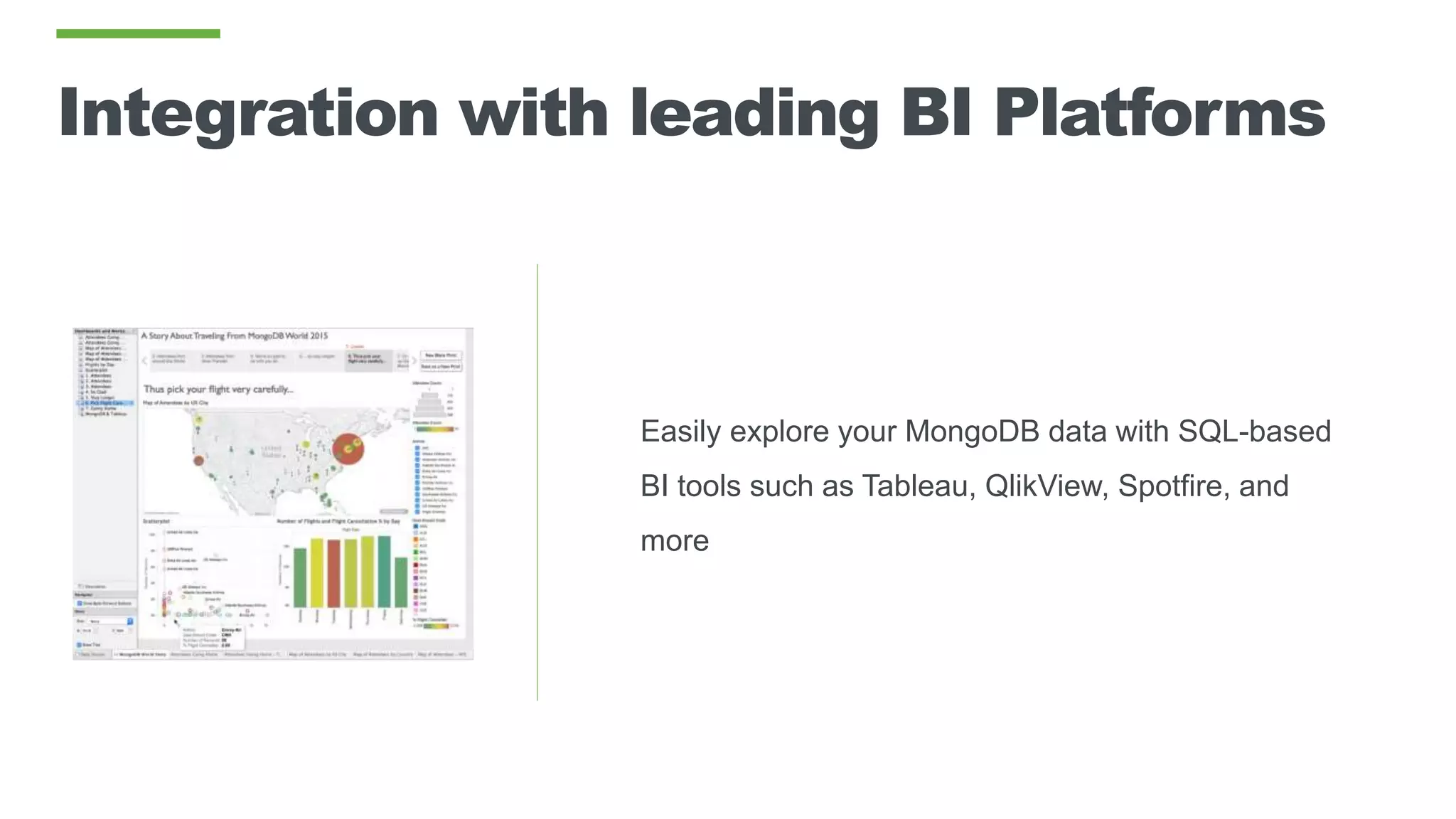 Integration with leading BI Platforms
Easily explore your MongoDB data with SQL-based
BI tools such as Tableau, QlikView, Spotfire, and
more
 