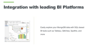 Integration with leading BI Platforms
Easily explore your MongoDB data with SQL-based
BI tools such as Tableau, QlikView, Spotfire, and
more
 