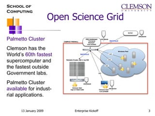 Open Science Grid Palmetto Cluster Clemson has the World’s  60th fastest  supercomputer and the fastest outside Government labs. Palmetto Cluster  available  for indust-rial applications. 