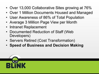Over 13,000 Collaborative Sites growing at 76% Over 1 Million Documents Housed and Managed User Awareness of 86% of Total Population Average 3 Million Page View per Month Intranet Replacement Documented Reduction of Staff (Web Developers) Servers Retired (Cost Transformation) Speed of Business and Decision Making 