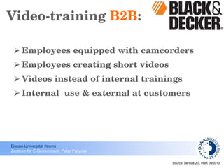 Video-training  B2B :  Employees equipped with camcorders Employees creating short videos Videos instead of internal trainings Internal  use & external at customers Source:  Service 2.0, H BR 09/2010 