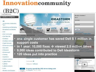 Innovation community  (B2C) 01/10/10 one single customer has saved Dell $ 1 million in support costs in 1 year: 10,000 fixes    viewed 2.5 million times 9,000 ideas contributed to Dell Ideastorm 120 ideas put into practice 