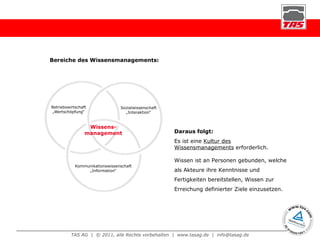 Bereiche des Wissensmanagements: Daraus folgt: Es ist eine  Kultur des Wissensmanagements  erforderlich.  Wissen ist an Personen gebunden, welche als Akteure ihre Kenntnisse und Fertigkeiten bereitstellen, Wissen zur Erreichung definierter Ziele einzusetzen. 