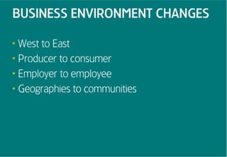 BUSINESS ENVIRONMENT CHANGES

• West to East
• Producer to consumer
• Employer to employee
• Geographies to communities
 