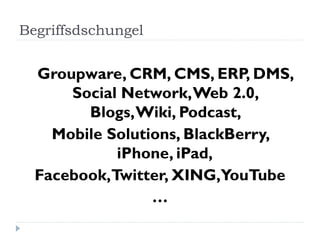 Begriffsdschungel


  Groupware, CRM, CMS, ERP, DMS,
      Social Network, Web 2.0,
        Blogs, Wiki, Podcast,
    Mobile Solutions, BlackBerry,
            iPhone, iPad,
  Facebook,Twitter, XING,YouTube
                 …
 