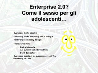 Enterprise 2.0? Come il sesso per gli adolescenti… Everybody thinks about it Everybody thinks everybody else is doing it H...