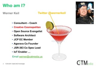 Who am I?
2 © 2012-2016 Creative Arts & Technologies
Werner Keil
• Consultant – Coach
• Creative Cosmopolitan
• Open Source Evangelist
• Software Architect
• JCP EC Member
• Agorava Co Founder
• JSR-363 Co Spec Lead
• IoT Enabler …
Twitter @wernerkeil
Email werner@catmedia.us
 
