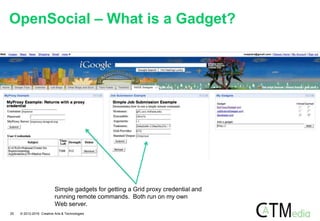 Simple gadgets for getting a Grid proxy credential and
running remote commands. Both run on my own
Web server.
OpenSocial – What is a Gadget?
25 © 2012-2016 Creative Arts & Technologies
 