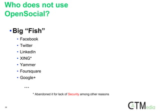 28
Who does not use
OpenSocial?
•Big “Fish”
• Facebook
• Twitter
• LinkedIn
• XING*
• Yammer
• Foursquare
• Google+
...
* Abandoned it for lack of Security among other reasons
 