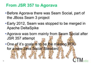 34
From JSR 357 to Agorava
•Before Agorava there was Seam Social, part of
the JBoss Seam 3 project
•Early 2012, Seam was stopped to be merged in
Apache DeltaSpike
•Agorava was born mainly from Seam Social after
JSR 357 attempt
•One of it’s goals is to be the missing POC
for a new Java Social Standard
 