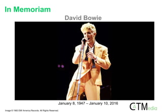 In Memoriam
January 8, 1947 – January 10, 2016
David Bowie
Image © 1983 EMI America Records. All Rights Reserved.
 