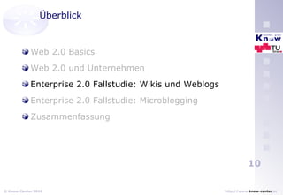 Überblick Web 2.0 Basics Web 2.0 und Unternehmen Enterprise 2.0 Fallstudie: Wikis und Weblogs Enterprise 2.0 Fallstudie: Microblogging Zusammenfassung 
