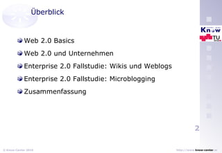 Überblick Web 2.0 Basics Web 2.0 und Unternehmen Enterprise 2.0 Fallstudie: Wikis und Weblogs Enterprise 2.0 Fallstudie: Microblogging Zusammenfassung 