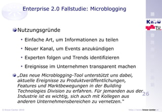 Enterprise 2.0 Fallstudie: Microblogging Nutzungsgründe Einfache Art, um Informationen zu teilen Neuer Kanal, um Events anzukündigen Experten folgen und Trends identifizieren Ereignisse im Unternehmen transparent machen „ Das neue Microblogging-Tool unterstützt uns dabei, aktuelle Ereignisse zu Produktveröffentlichungen, Features und Marktbewegungen in der Building Technologies Division zu erfahren. Für jemanden aus der Industrie ist es wichtig, sich auch mit Kollegen aus anderen Unternehmensbereichen zu vernetzen.“ 