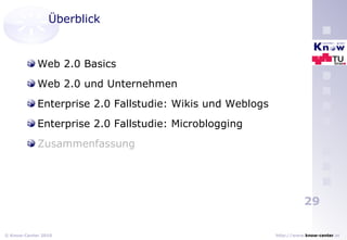Überblick Web 2.0 Basics Web 2.0 und Unternehmen Enterprise 2.0 Fallstudie: Wikis und Weblogs Enterprise 2.0 Fallstudie: Microblogging Zusammenfassung 