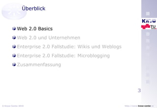 Überblick Web 2.0 Basics Web 2.0 und Unternehmen Enterprise 2.0 Fallstudie: Wikis und Weblogs Enterprise 2.0 Fallstudie: Microblogging Zusammenfassung 