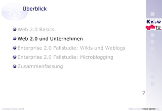 Überblick Web 2.0 Basics Web 2.0 und Unternehmen Enterprise 2.0 Fallstudie: Wikis und Weblogs Enterprise 2.0 Fallstudie: Microblogging Zusammenfassung 