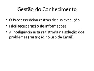 Gestão do Conhecimento O Processo deixa rastros de sua execução Fácil recuperação de Informações A inteligência esta registrada na solução dos problemas (restrição no uso de Email) 