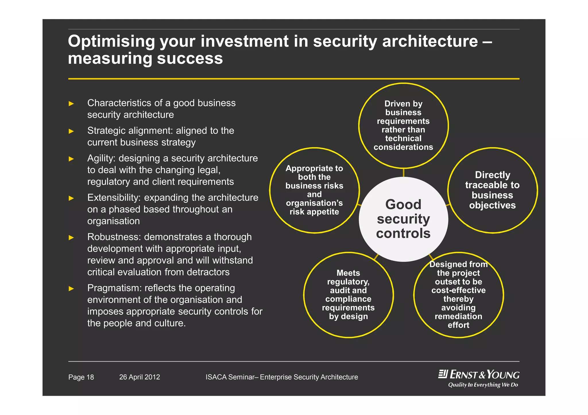 Optimising your investment in security architecture –
measuring success
► Characteristics of a good business
security architecture
► Strategic alignment: aligned to the
current business strategy
► Agility: designing a security architecture
to deal with the changing legal,
regulatory and client requirements
► Extensibility: expanding the architecture
on a phased based throughout an
organisation
► Robustness: demonstrates a thorough
development with appropriate input,
review and approval and will withstand
critical evaluation from detractors
► Pragmatism: reflects the operating
environment of the organisation and
imposes appropriate security controls for
the people and culture.
Page 18
Good
security
controls
Driven by
business
requirements
rather than
technical
considerations
Directly
traceable to
business
objectives
Designed from
the project
outset to be
cost-effective
thereby
avoiding
remediation
effort
Meets
regulatory,
audit and
compliance
requirements
by design
Appropriate to
both the
business risks
and
organisation’s
risk appetite
26 April 2012 ISACA Seminar– Enterprise Security Architecture
 