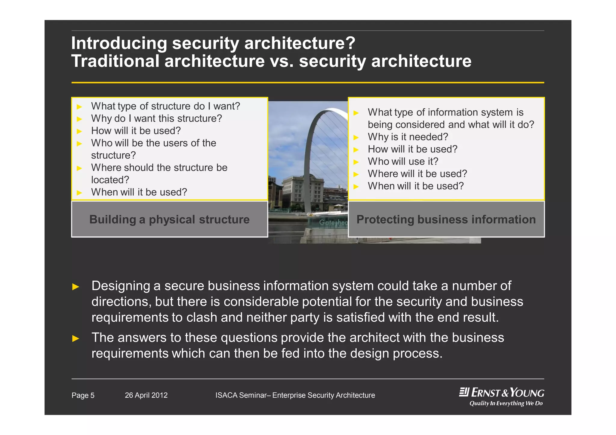 Introducing security architecture?
Traditional architecture vs. security architecture
► Designing a secure business information system could take a number of
directions, but there is considerable potential for the security and business
requirements to clash and neither party is satisfied with the end result.
► The answers to these questions provide the architect with the business
requirements which can then be fed into the design process.
► What type of structure do I want?
► Why do I want this structure?
► How will it be used?
► Who will be the users of the
structure?
► Where should the structure be
located?
► When will it be used?
Building a physical structure
► What type of information system is
being considered and what will it do?
► Why is it needed?
► How will it be used?
► Who will use it?
► Where will it be used?
► When will it be used?
Protecting business information
Page 5 26 April 2012 ISACA Seminar– Enterprise Security Architecture
 