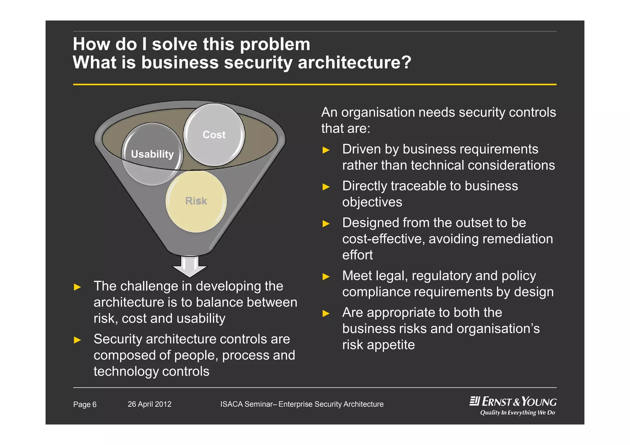 How do I solve this problem
What is business security architecture?
► The challenge in developing the
architecture is to balance between
risk, cost and usability
► Security architecture controls are
composed of people, process and
technology controls
An organisation needs security controls
that are:
► Driven by business requirements
rather than technical considerations
► Directly traceable to business
objectives
► Designed from the outset to be
cost-effective, avoiding remediation
effort
► Meet legal, regulatory and policy
compliance requirements by design
► Are appropriate to both the
business risks and organisation’s
risk appetite
Risk
Usability
Cost
Page 6 26 April 2012 ISACA Seminar– Enterprise Security Architecture
 