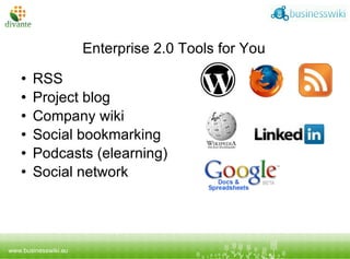Enterprise 2.0 Tools for You RSS  Project blog  Company wiki Social bookmarking Podcasts (elearning) Social network 