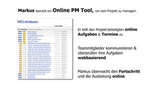 Markus benutzt ein Online PM Tool,   um sein Projekt zu managen.




                          Er teilt den Projekt-beteiligten online
                          Aufgaben & Termine zu


                          Teammitglieder kommunizieren &
                          überprüfen ihre Aufgaben
                          webbasierend


                          Markus überwacht den Fortschritt
                          und die Auslastung online
 