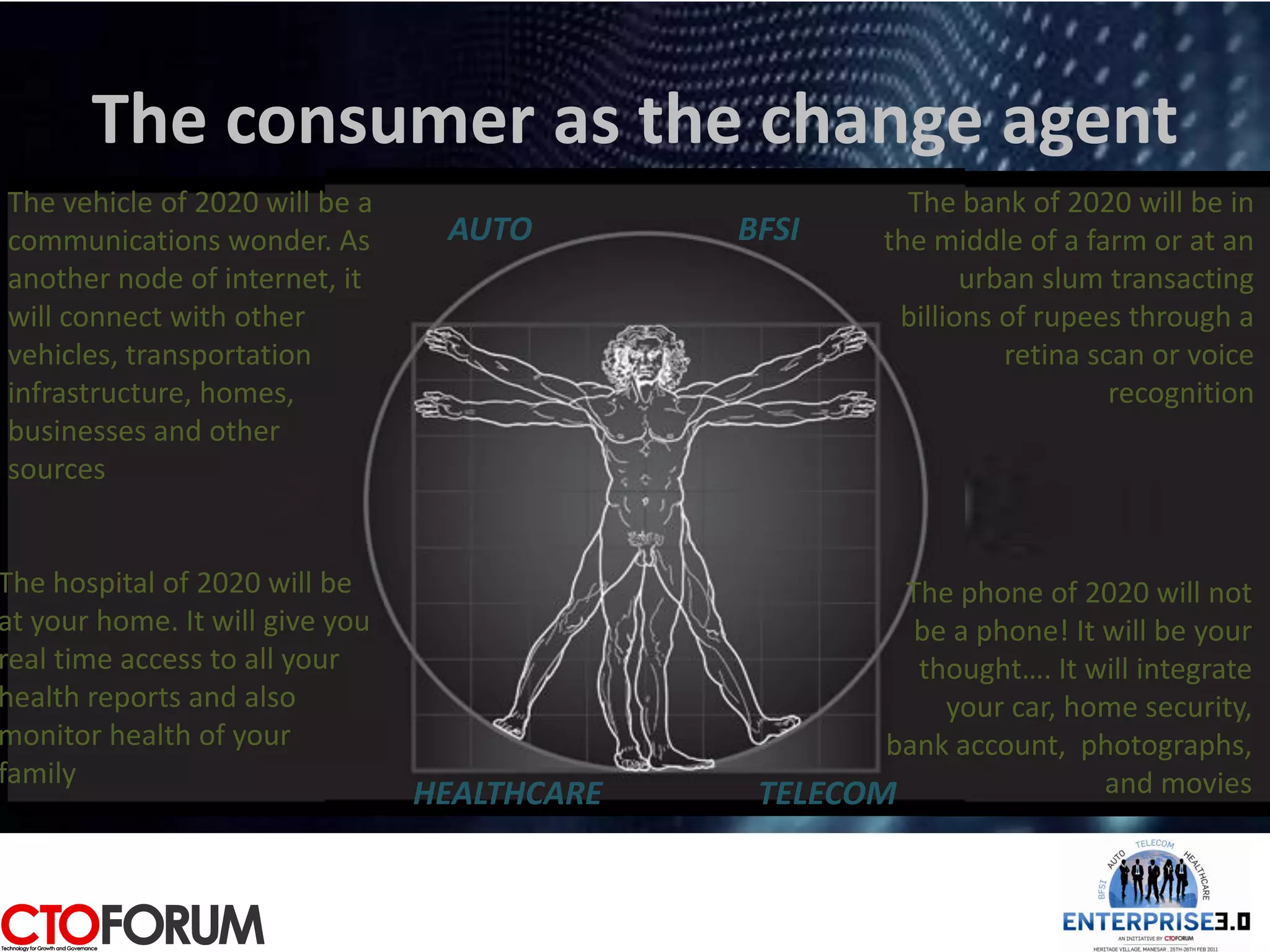 The consumer as the change agent
The vehicle of 2020 will be a                             The bank of 2020 will be in
communications wonder. As         AUTO        BFSI      the middle of a farm or at an
another node of internet, it                                   urban slum transacting
will connect with other                                  billions of rupees through a
vehicles, transportation                                          retina scan or voice
infrastructure, homes,                                                     recognition
businesses and other
sources


The hospital of 2020 will be                           The phone of 2020 will not
at your home. It will give you                          be a phone! It will be your
real time access to all your                            thought…. It will integrate
health reports and also                                   your car, home security,
monitor health of your                                bank account, photographs,
family                                                                 and movies
                                 HEALTHCARE    TELECOM
 