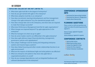 大企業でのアジャイルに関連した課題	
１チームの実践事例ではなく、	
企業全体の組織構造、アジャイルを導入する	
パターン、方針、実践手法	
 