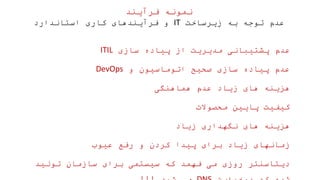 ‫فرآیند‬ ‫نمونه‬
‫زیرساخت‬ ‫به‬ ‫توجه‬ ‫عدم‬
IT
‫استاندارد‬ ‫کاری‬ ‫فرآیندهای‬ ‫و‬
‫سازی‬ ‫پیاده‬ ‫از‬ ‫مدیریت‬ ‫پشتیبانی‬ ‫عدم‬
ITIL
‫و‬ ‫اتوماسیون‬ ‫صحیح‬ ‫سازی‬ ‫پیاده‬ ‫عدم‬
DevOps
‫هماهنگی‬ ‫عدم‬ ‫زیاد‬ ‫های‬ ‫هزینه‬
‫محصوالت‬ ‫پایین‬ ‫کیفیت‬
‫زیاد‬ ‫نگهداری‬ ‫های‬ ‫هزینه‬
‫عیوب‬ ‫رفع‬ ‫و‬ ‫کردن‬ ‫پیدا‬ ‫برای‬ ‫زیاد‬ ‫زمانهای‬
‫تولید‬ ‫سازمان‬ ‫برای‬ ‫سیستمی‬ ‫که‬ ‫فهمد‬ ‫می‬ ‫روزی‬ ‫دیتاسنتر‬
 