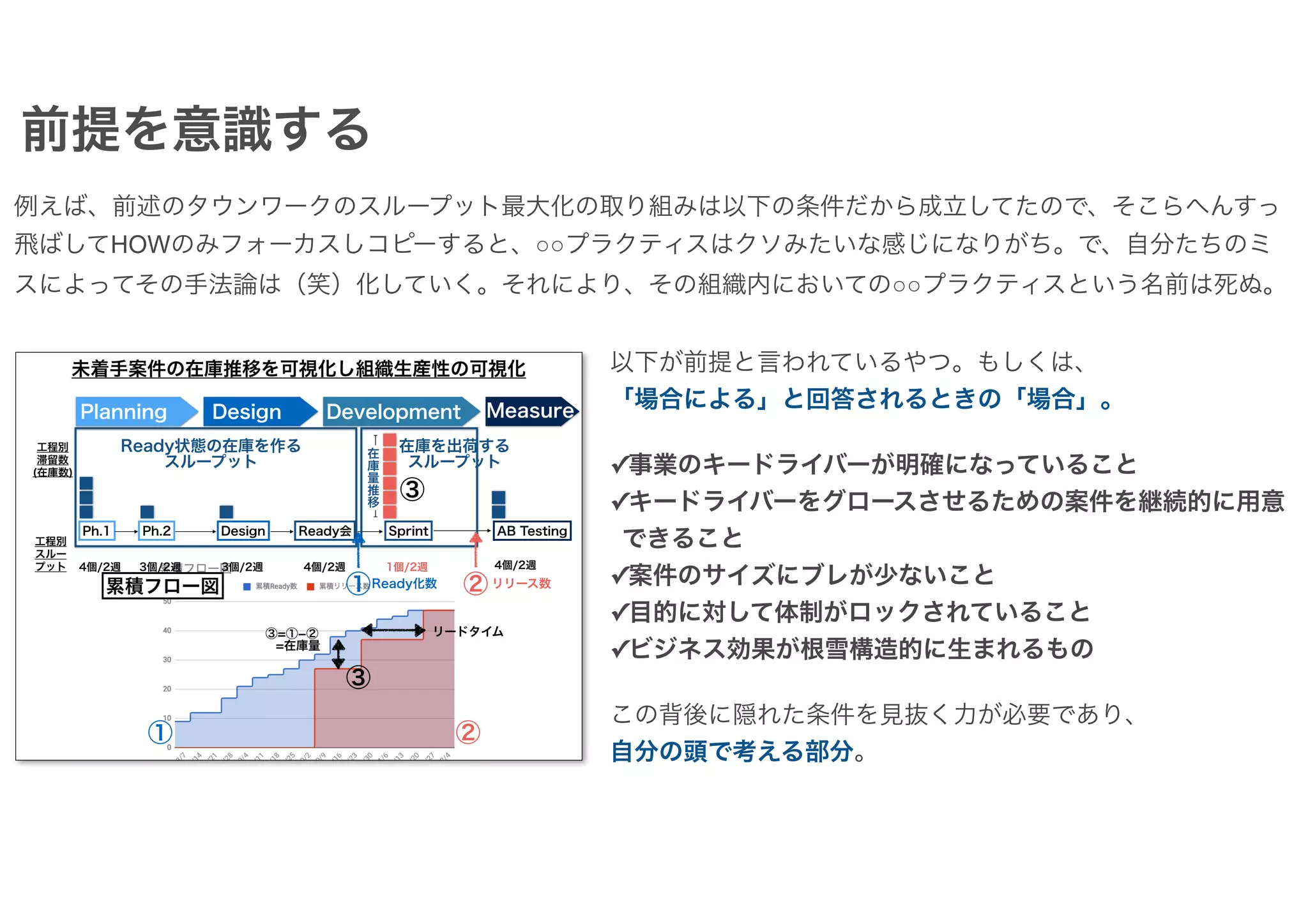 前提を意識する
例えば、前述のタウンワークのスループット最大化の取り組みは以下の条件だから成立してたので、そこらへんすっ
飛ばしてHOWのみフォーカスしコピーすると、○○プラクティスはクソみたいな感じになりがち。で、自分たちのミ
スによってその手法論は（笑）化していく。それにより、その組織内においての○○プラクティスという名前は死ぬ。
以下が前提と言われているやつ。もしくは、
「場合による」と回答されるときの「場合」。
✓事業のキードライバーが明確になっていること
✓キードライバーをグロースさせるための案件を継続的に用意
できること
✓案件のサイズにブレが少ないこと
✓目的に対して体制がロックされていること
✓ビジネス効果が根雪構造的に生まれるもの
この背後に隠れた条件を見抜く力が必要であり、
自分の頭で考える部分。
 