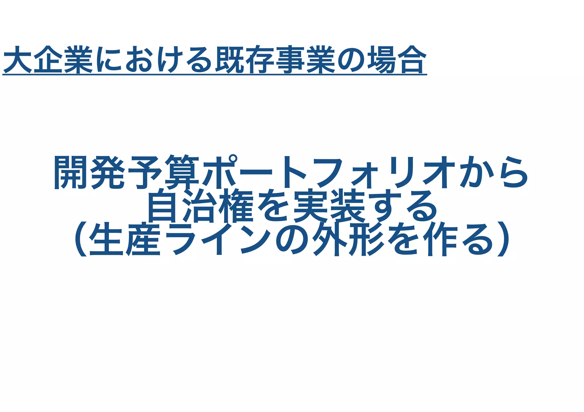 開発予算ポートフォリオから
自治権を実装する
（生産ラインの外形を作る）
大企業における既存事業の場合
 