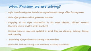 What Problem we are solving?
• Agile Transforming and Sustain the organizational change effort for long term
• Build right...