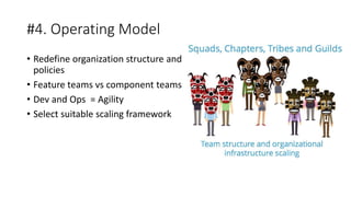 #4. Operating Model
• Redefine organization structure and
policies
• Feature teams vs component teams
• Dev and Ops = Agility
• Select suitable scaling framework
 