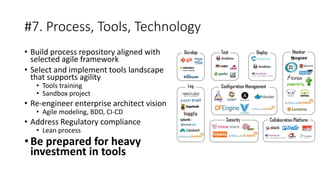 #7. Process, Tools, Technology
• Build process repository aligned with
selected agile framework
• Select and implement tools landscape
that supports agility
• Tools training
• Sandbox project
• Re-engineer enterprise architect vision
• Agile modeling, BDD, CI-CD
• Address Regulatory compliance
• Lean process
• Be prepared for heavy
investment in tools
 