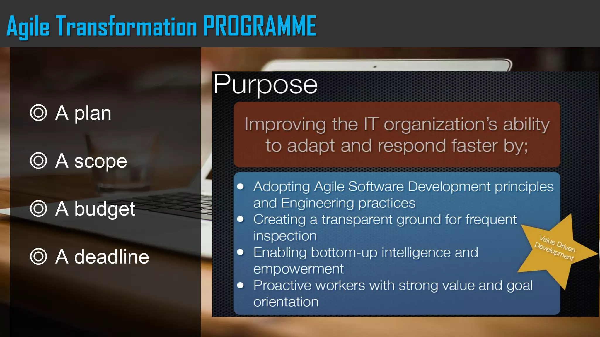 Agile Transformation PROGRAMME
◎ A plan
◎ A scope
◎ A budget
◎ A deadline
 